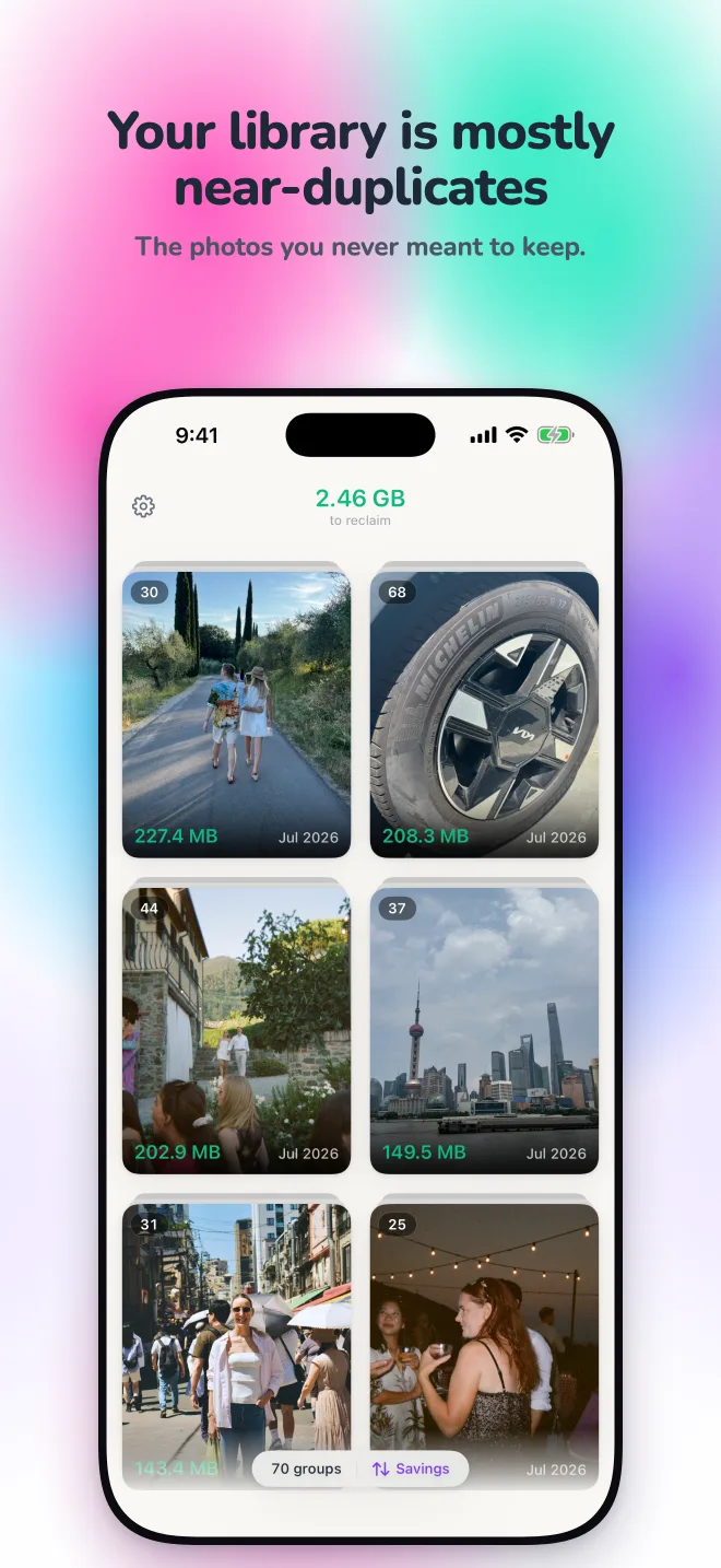 Pic Prune on an iPhone, showing groups of near-duplicate photos with the storage each group is using.
