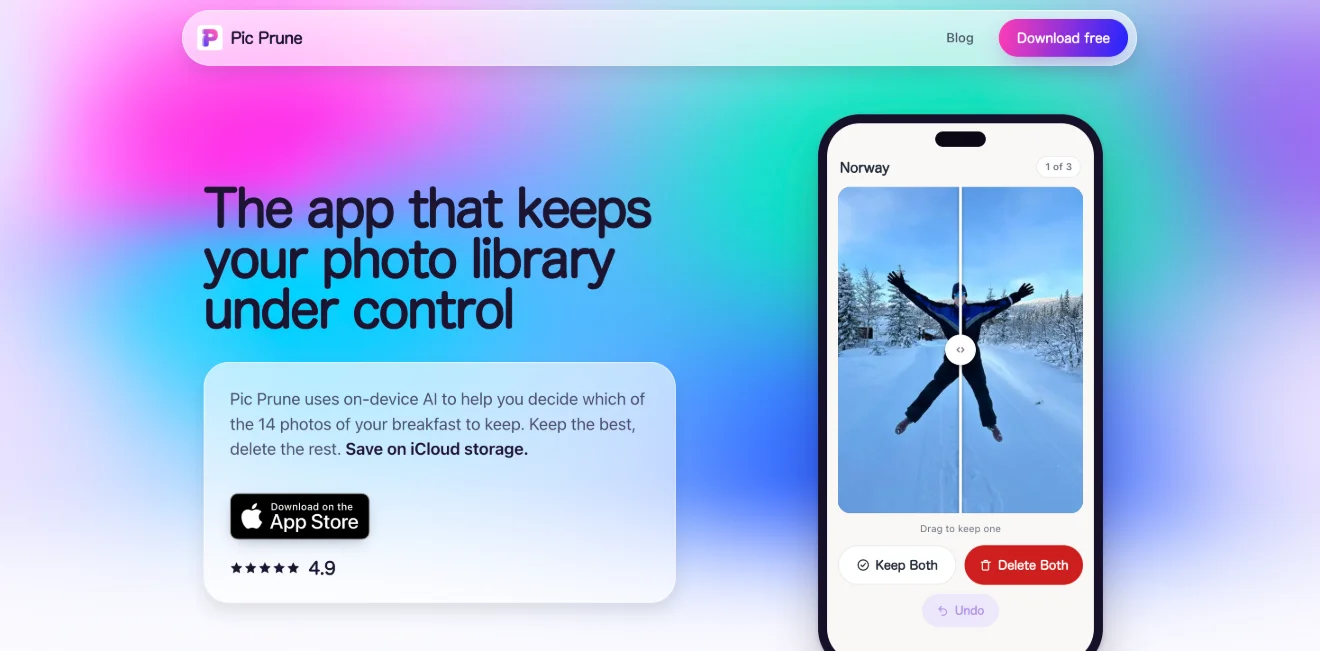 The picprune.com home page: the headline "The app that keeps your photo library under control", an App Store button, and a phone showing two photos being compared.